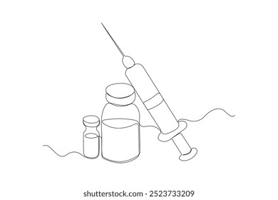 Botellas de medicina con el arte de la línea de la jeringuilla Concepto médico Vector de contorno continuo.