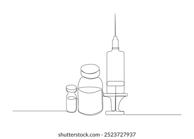 Frascos de medicamento com seringa desenho artístico de uma linha. Conceito médico vetor de contorno contínuo.