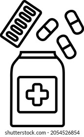 Medicine bottles, where there is a capsule-shaped medicine for treatment. Illustration vector line icon