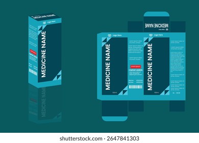 Design empacotado da caixa de remédios. Modelo de embalagem para caixa de medicamento, colírio, xarope de tosse. Projeto de modelo de corte de morrer de embalagem de caixa. Design de caixa.	