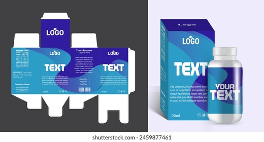 Medicine box packaging design with bottle label design and 3d mockup vector eps file format.