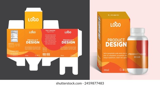 Medicine box packaging design with bottle label design and 3d mockup vector eps file format.