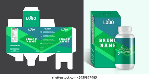 Medicine box packaging design with bottle label design and 3d mockup vector eps file format.