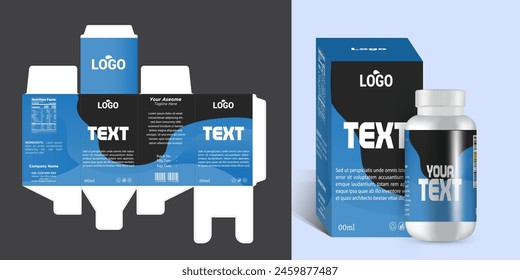 Medicine box packaging design with bottle label design and 3d mockup vector eps file format.