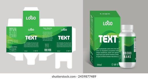 Medicine box packaging design with bottle label design and 3d mockup vector eps file format.