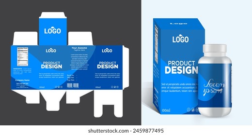 Medicine box packaging design with bottle label design and 3d mockup vector eps file format.
