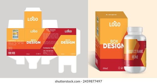 Medicine box packaging design with bottle label design and 3d mockup vector eps file format.