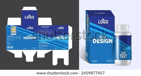 Medicine box packaging design with bottle label design and 3d mockup vector eps file format.