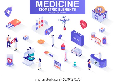 Medicine bundle of isometric elements. First aid kit, medicine, doctor, laboratory research, pharmacy industry, ambulance car isolated icons. Isometric vector illustration kit with people characters.