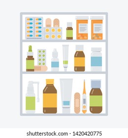 Medicine Cabinet In The Bathroom. Different Bottles, Pills And Drugs. Medical Concept. Flat Vector Illustration. 