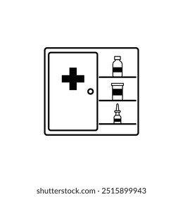 Design de ícone de vetor plano preto e branco do armário de remédios. Símbolo de armário de remédios e design de clip-art