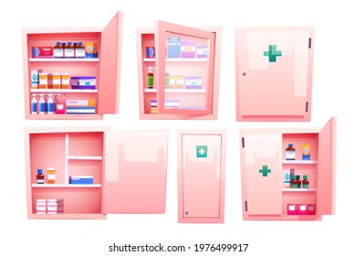 Medicine Cabinet, Cupboard With Pharmacy Drugs And Pills For Home Bathroom Or Store. Vector Cartoon Set Of Open And Closed Cabinet With Tablets, Vitamins And Medications