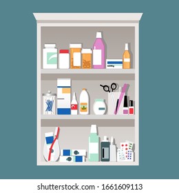 Medicine cabinet filled with pill bottle, hygiene tools and cosmetics,  EPS 8 vector illustration