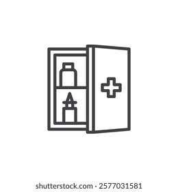 Medicine Cabinet line icon. linear style sign for mobile concept and web design. A cabinet with medicine bottles outline vector icon. First aid symbol, logo illustration. Vector graphics