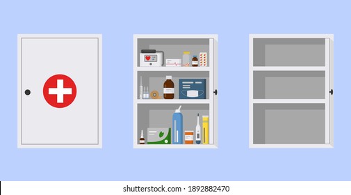 Medicine cabinet with open and closed door. Empty and full medical cupboard, flat vector illustration. White first aid kit on blue background