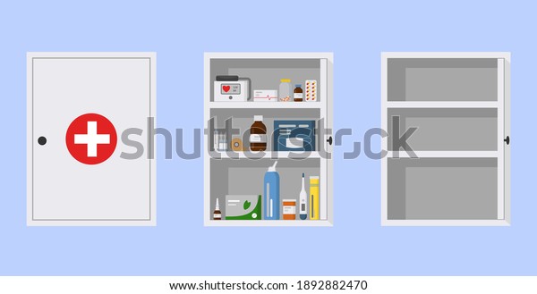 Medicine cabinet with open and closed door.\
Empty and full medical cupboard, flat vector illustration. White\
first aid kit on blue\
background