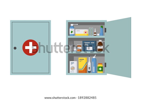 Medicine\
Cabinet with open and closed door in the bathroom. First aid kit\
with Bottles, pills and drugs. Metal wall box. Flat vector\
illustration isolated on white\
background.