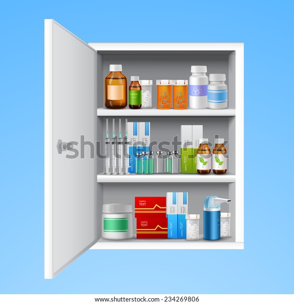 Medicine cabinet\
with tablets pills bottles drops realistic isolated on white\
background vector\
illustration