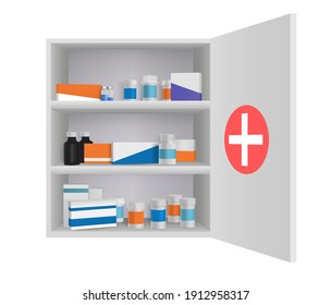 Medicine Cabinet With Tablets Pills And Drug Bottles. Home Pharmacy In Bathroom 3d Vector Illustration. Open Box With First Aid Medication, Storage Shelf With Personal Medicine Objects