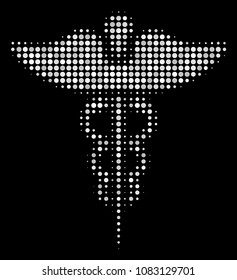 Medicine caduceus symbol halftone vector icon. Illustration style is pixelated iconic medicine caduceus symbol symbol on a black background. Halftone texture is created from spheric items.