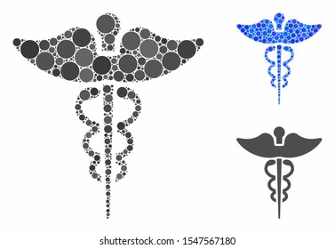 Medicine caduceus symbol mosaic of filled circles in variable sizes and color hues, based on medicine caduceus symbol icon. Vector filled circles are grouped into blue mosaic.
