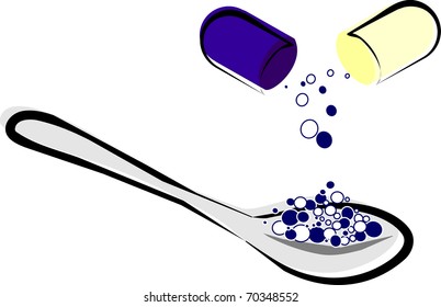 Medicine Capsule Broken and Spilling Out into a Spoon