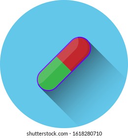 Medicine capsule flat icon design, 64x64 pixel perfect icon, circle background and long shadow