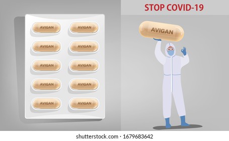 Medicine Capsule pack of Avigan drug for antiviral to treat Covid-19 and doctor in protective suits and arms raise showing realistic drug capsule isolate Coronavirus disease Vector concept