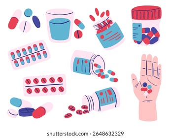 Remédio Cápsula Pílula Ícone Coleção. Uma coleção limpa de elementos de medicamentos de estilo plano desenhados à mão, incluindo comprimidos cápsulas embalagens blister e uma mão com comprimidos para temas de dosagem de saúde