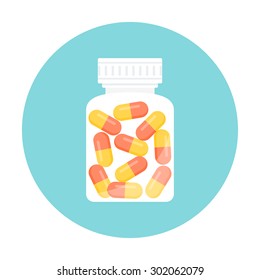 Medicine Capsule Pills in Bottle. Round Icon. Vector EPS 10