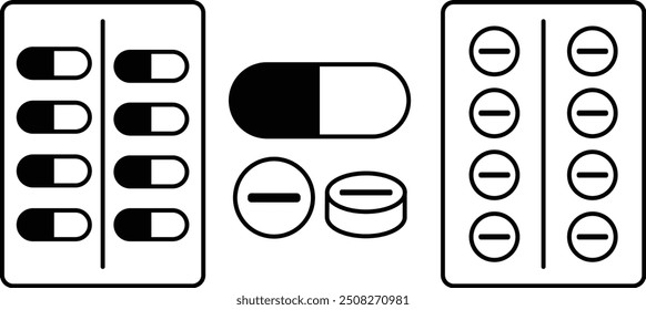 Medicine, capsule and tablets icon set