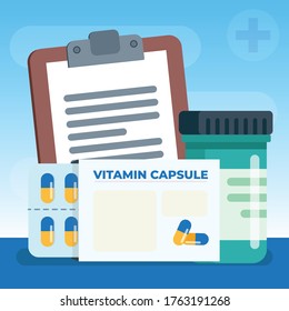 Medicine, capsule vector, pharmacy, hospital set of drugs with labels. Medication, pharmaceutics concept. Vector set of medicines Illustration.