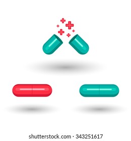 Medicine capsules and crosses ambulance - vector set with shadow. Mdicine collection icons or logos.