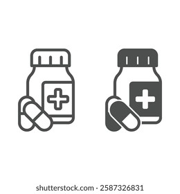 Medicine capsules jar with cross line and solid icon, pharmacy medicine concept. Vector graphics. Drug pills bottle sign on white background, outline style icon for mobile or web design