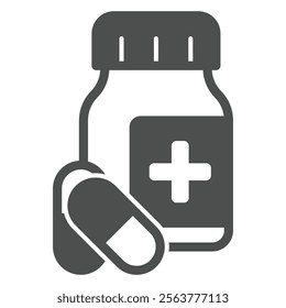 Medicine capsules jar with cross solid icon, pharmacy medicine concept. Vector graphics. Drug pills bottle sign on white background, glyph style icon for mobile or web design