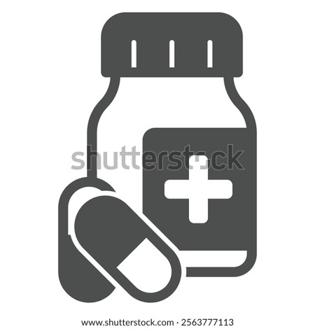 Medicine capsules jar with cross solid icon, pharmacy medicine concept. Vector graphics. Drug pills bottle sign on white background, glyph style icon for mobile or web design