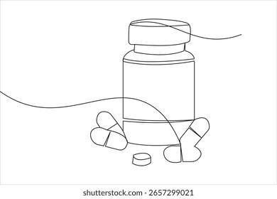 Medicine capsules open continuous one line drawing vector minimalist style outline illustration