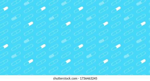 Medicine capsules outline seamless pattern blue vector background line art style