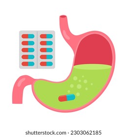 Medicine capsules with stomach in flat design on white background. Gastric stomach.