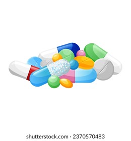 Medicine capsules, tablets and pills. Bunch of drugs - painkillers, vitamins, antibiotics, probiotics. Vector illustration isolated on white background
