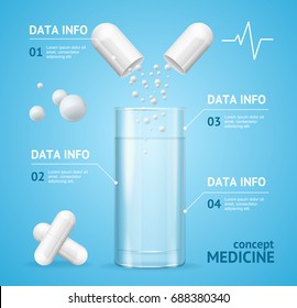Medicine Care Health Concept Card or Poster with Glass Cup and Pills. Vector illustration