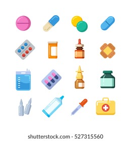 Medicine cartoon pill, drug, table, antibiotics, medication dose flat icons.