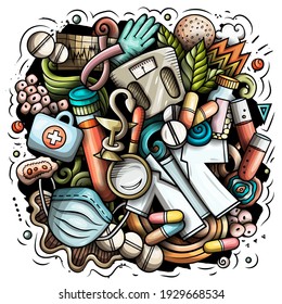 Diseño de doodles vectores de dibujos animados de medicina. Colorida composición detallada con muchos objetos y símbolos médicos. Todos los elementos están separados