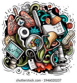 Medizin Cartoon Vektordoodle-Design. Farbige, detaillierte Zusammensetzung mit vielen medizinischen Gegenständen und Symbolen. Alle Artikel sind getrennt