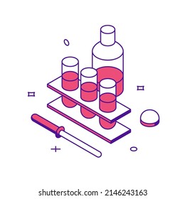 Medicine chemistry research with beaker glass bottle pipette 3d icon isometric vector illustration. Laboratory scientific progress, important discoveries and chemical experiments test tube analyzing