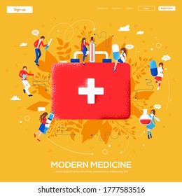 medicine chest concept flyer, web banner, ui header, enter site. Thin line icon style concept design. Grain texture and noise effect. People character with items around medicine chest background.