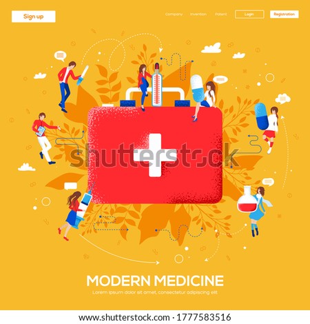 medicine chest concept flyer, web banner, ui header, enter site. Thin line icon style concept design. Grain texture and noise effect. People character with items around medicine chest background.