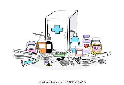 Medicine chest concept. Set of first aid elements. Hand drawn isolated vector illustration, doodle style