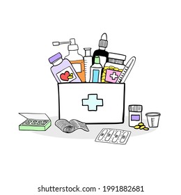 Medicine chest concept. Set of first aid elements. Hand drawn isolated vector illustration, doodle style