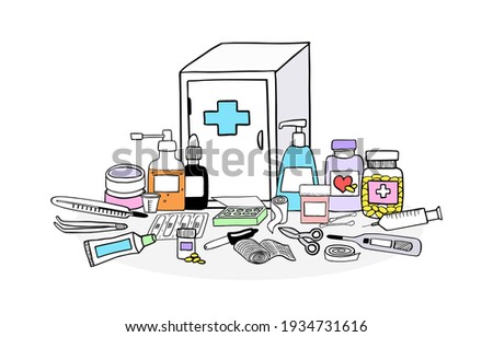 Medicine chest concept. Set of first aid elements. Hand drawn isolated vector illustration, doodle style